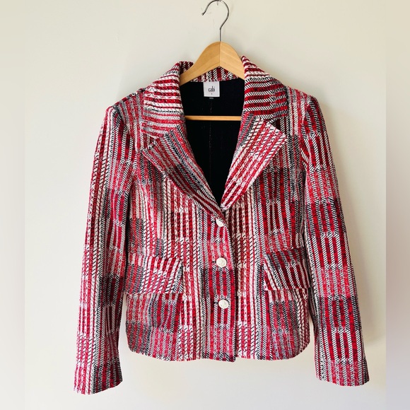 CAbi Jackets & Blazers - CAbi Red Patterned Tweed Jacket - Women's Button Front Blazer, Size S